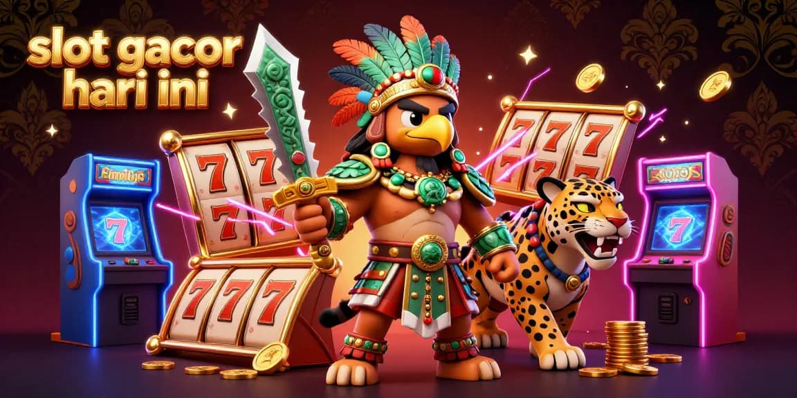 Play the exciting slot gacor hari ini with Aztec warriors and jackpot reels in a vibrant casino scene.
