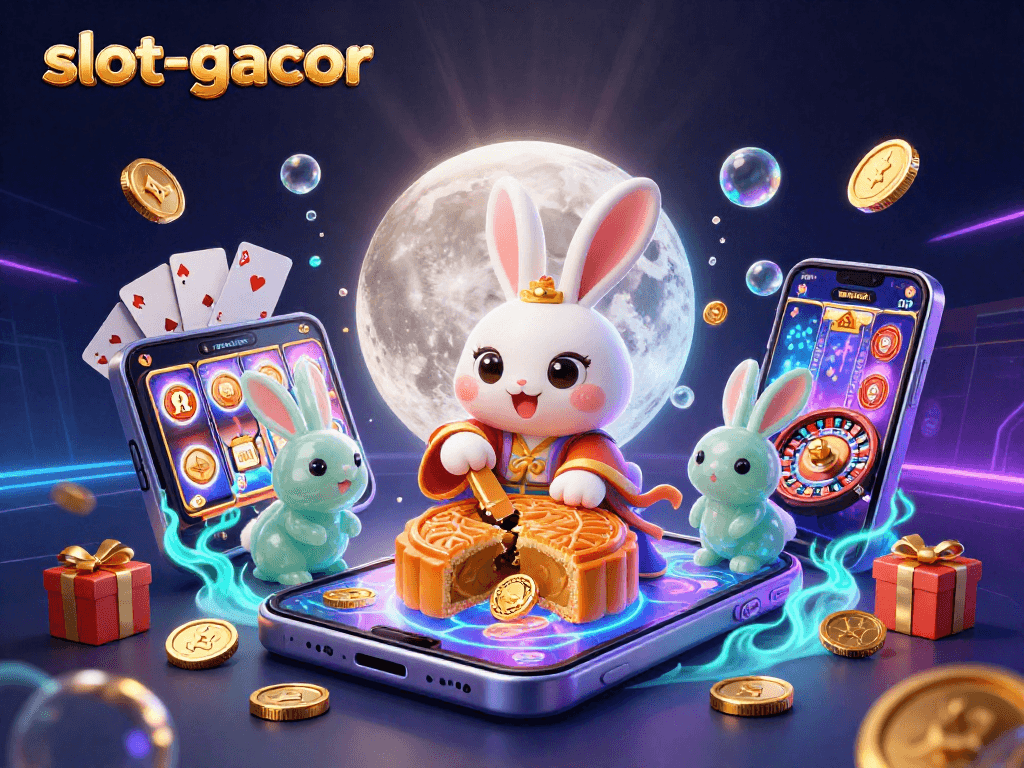 Play exciting slot-gacor games as a moon rabbit reveals poker chips from golden mooncakes.