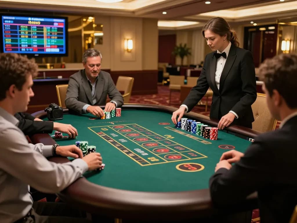 Engaging scene of kèo nhà cái at a roulette table with players betting and a croupier managing the game.