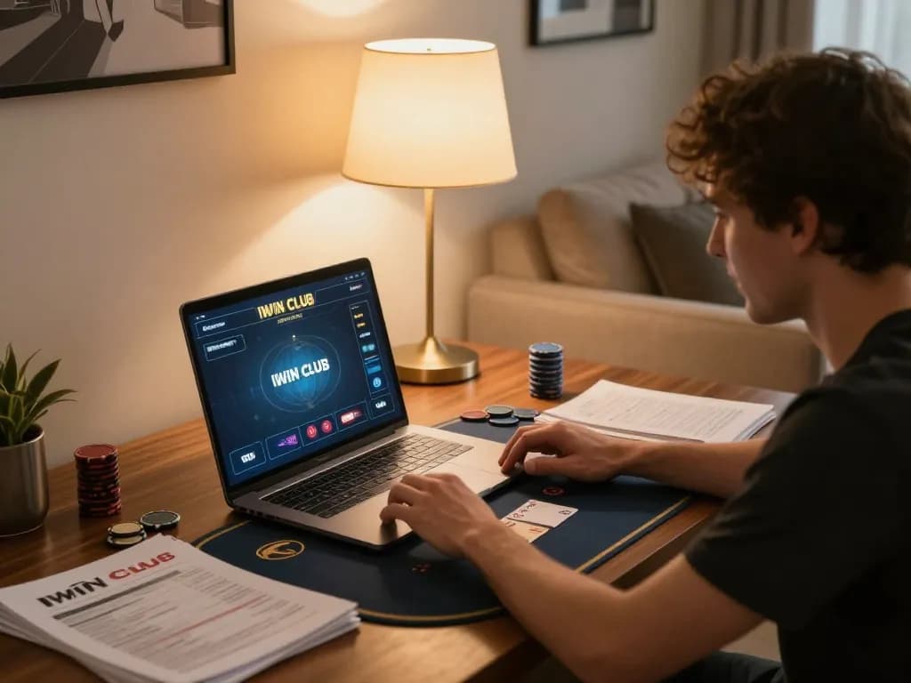 IWIN CLUB user engaging in poker strategy at home with laptop and notes.