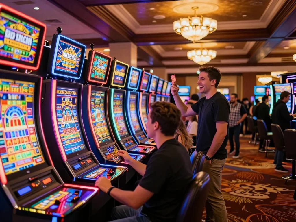 Players enjoying JUARA88 DAFTAR slots in a colorful casino atmosphere, vibrant machines flashing