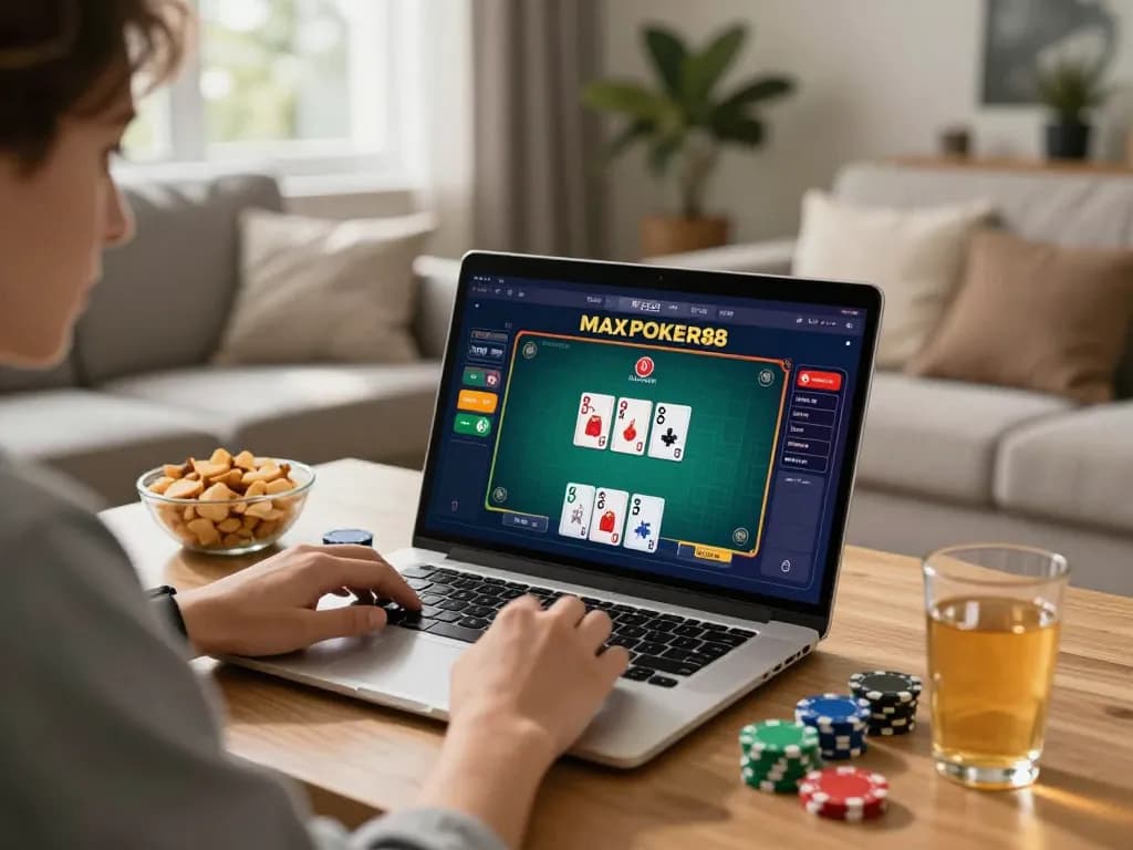Playing poker on maxpoker88 online platform with a cozy home setup