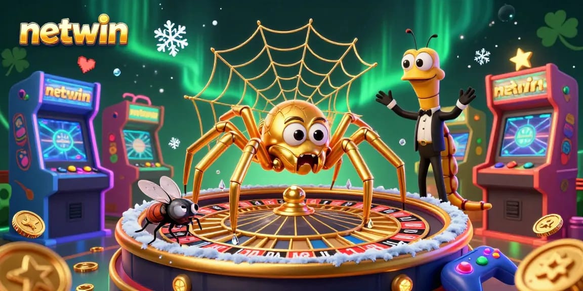 Experience the excitement of netwin in this 3D casino scene featuring a golden spider and centipede croupier.