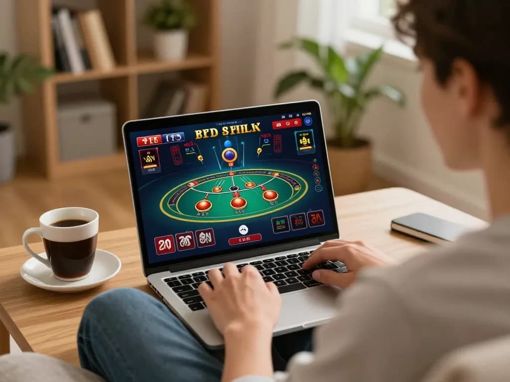 Player enjoying online casino games at home with CM88 interface visible on laptop, emphasizing responsible gaming.