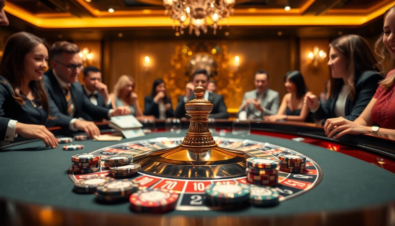 Spannende Spieler am Roulettetisch beim casino spielen online in luxuriösem Ambiente.