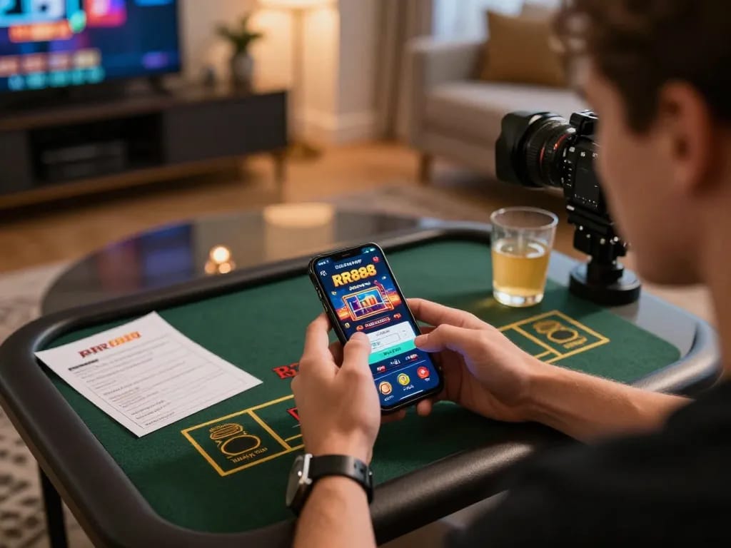 Player engaging with the RR888 casino app on smartphone in cozy home setting, showcasing strategic gambling.
