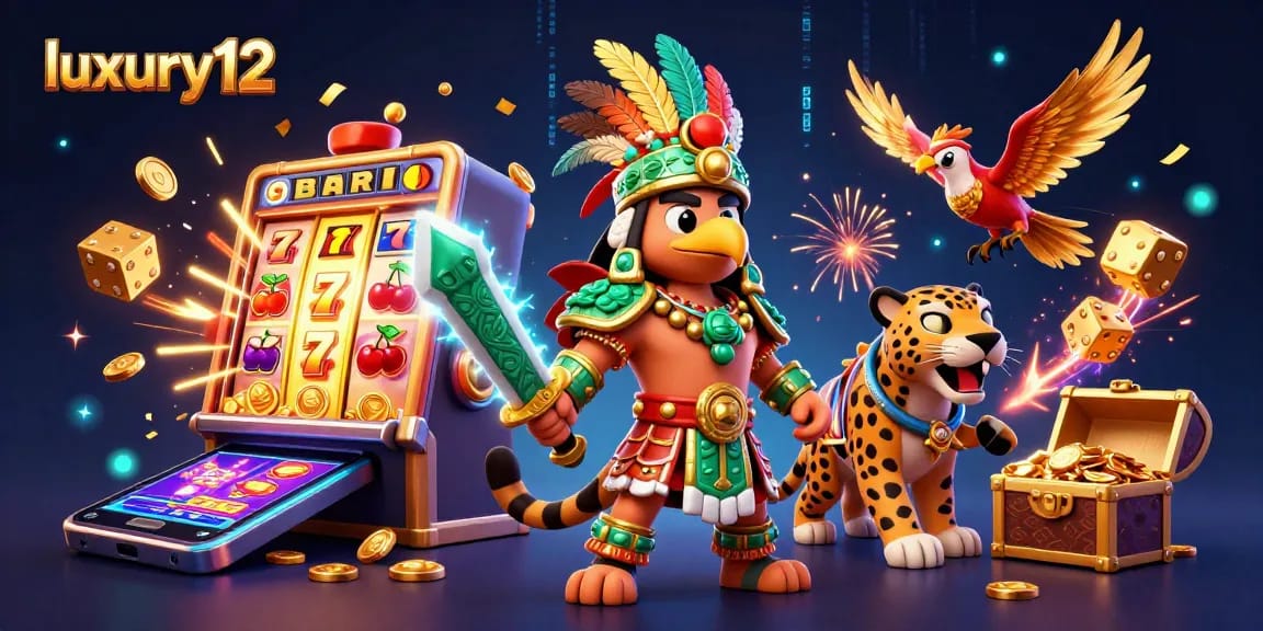 Gambarkan momen seru di luxury12 dengan slot machine yang meledak, diliputi karakter pejuang dan simbol permainan.