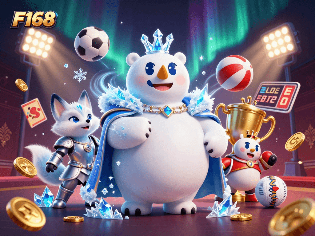 Experience F168 with a vibrant scene of an ice king and snow fox amid dynamic casino elements.
