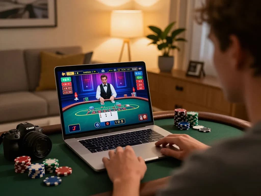 C168 online gaming experience with player engaged in live blackjack at home, showcasing excitement and strategy