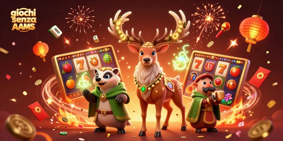 Vivi l'emozione dei giochi senza AAMS con una vivace scena di casinò che presenta slot e personaggi mistici.