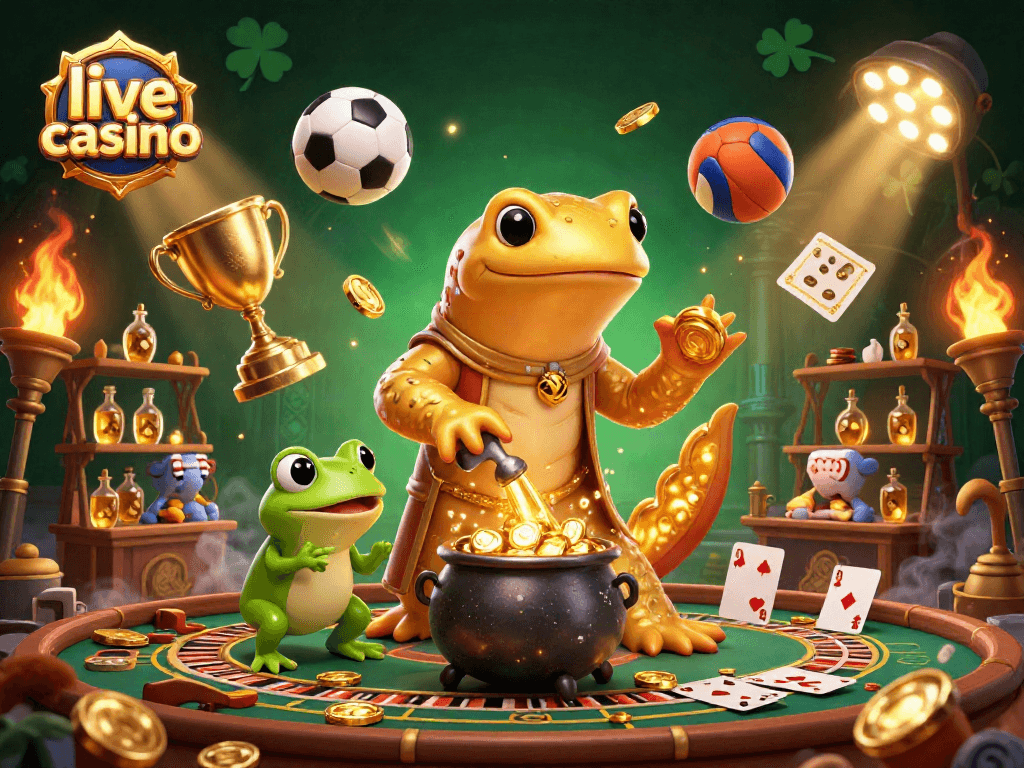 Experience live casino excitement with golden salamanders and vibrant gaming elements in this dynamic illustration.