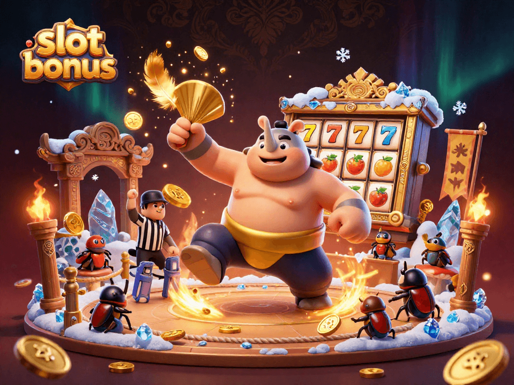 Experience dynamic slot bonus action with a sumo beetle champion amid golden coins and lucky symbols.