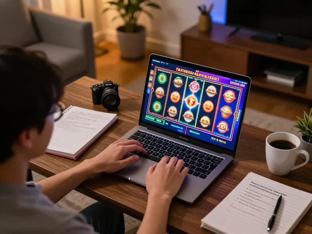 Pemain menikmati permainan slot tokyo88 secara online, fokus pada layar laptop dengan grafik yang menarik dan catatan strategis di dekatnya