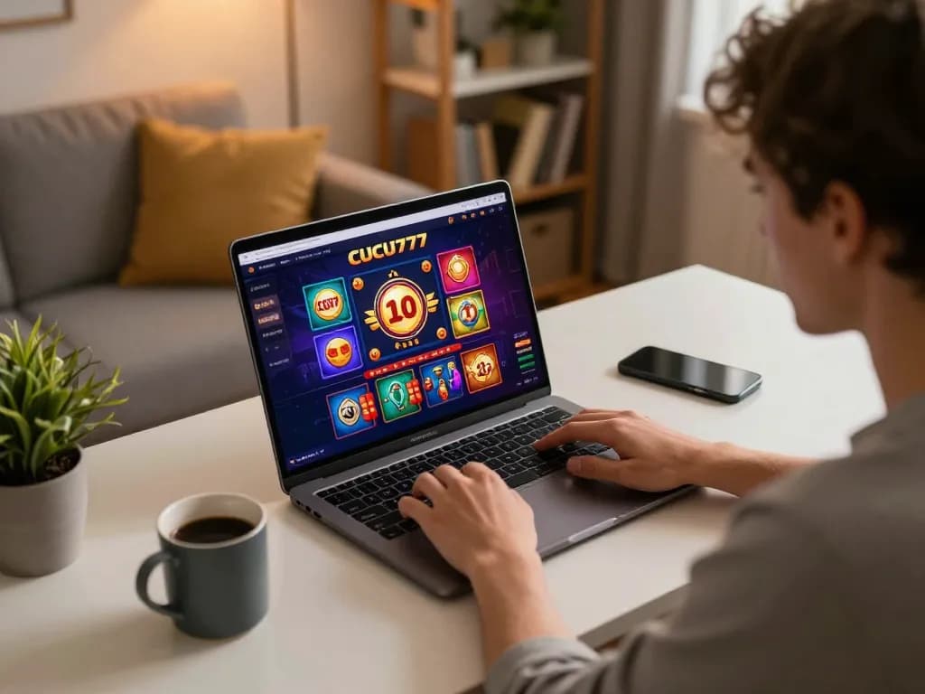 Engaging player using CUCU777 online casino interface on laptop in a cozy home setup.