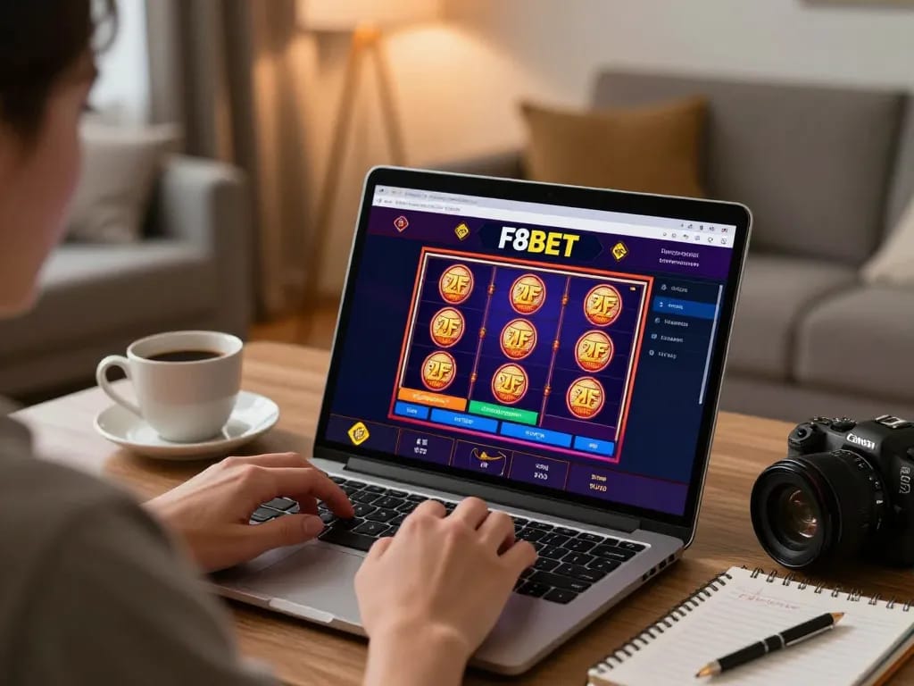 Experience engaging gameplay on F8BET through a cozy home setup with online casino on laptop.