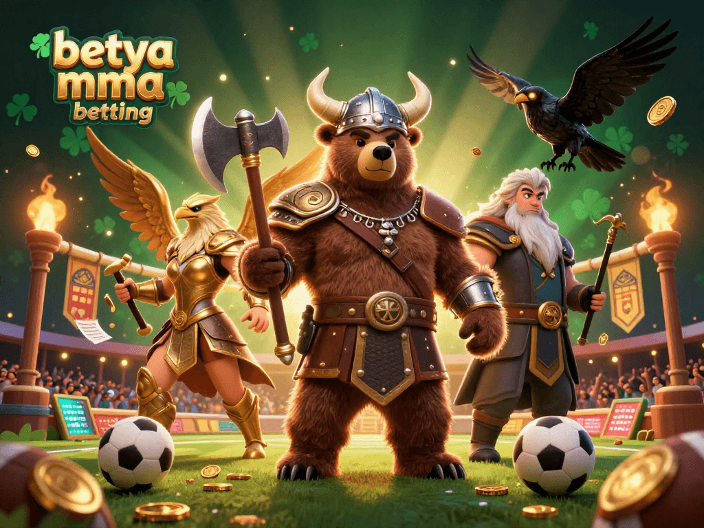 Engage in betya mma betting with a dynamic illustration of Viking characters, sports balls, and betting tokens.