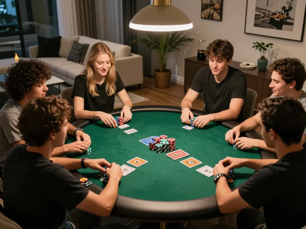 Friends play intense Texas Hold'em poker at home while engaging with HM88 gaming strategy.