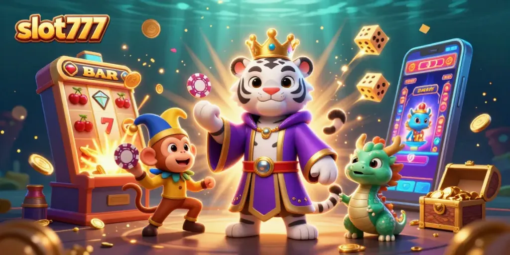 Menangkan jackpot dengan slot777 dalam ilustrasi kasino penuh warna yang berkilauan.