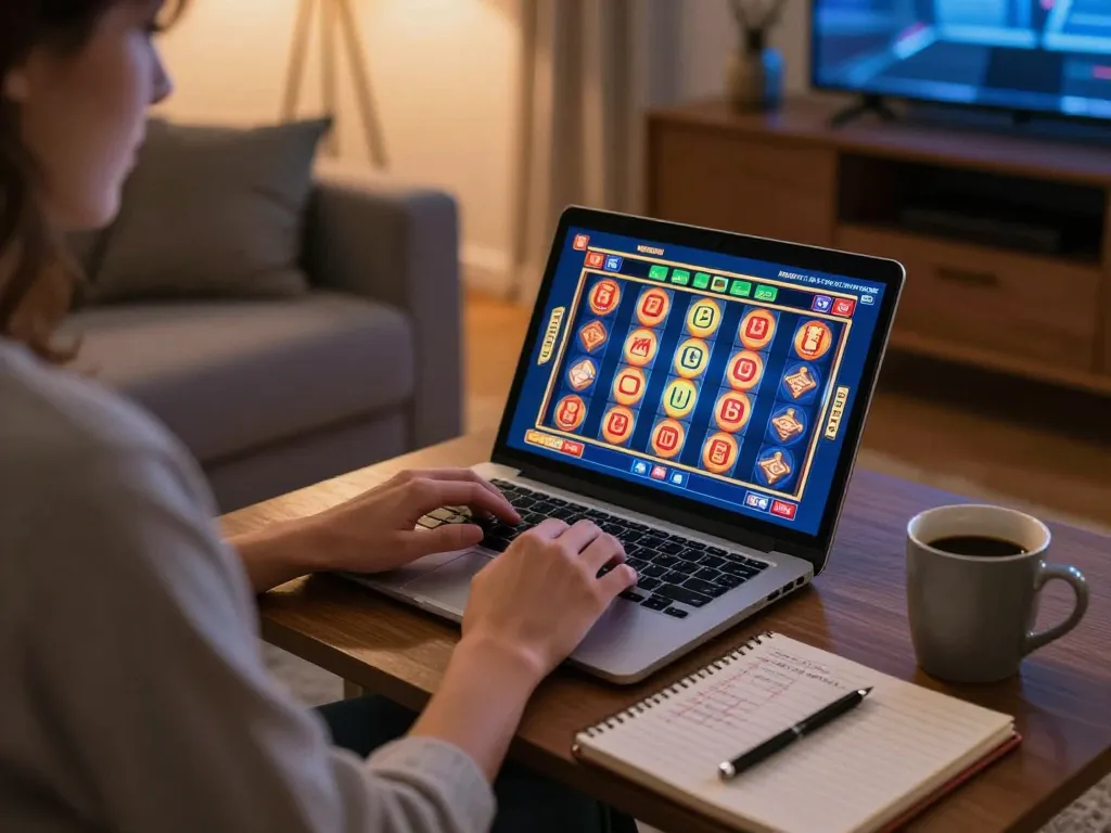 Person enjoying online casino gameplay with Nk888 on laptop, cozy home environment.