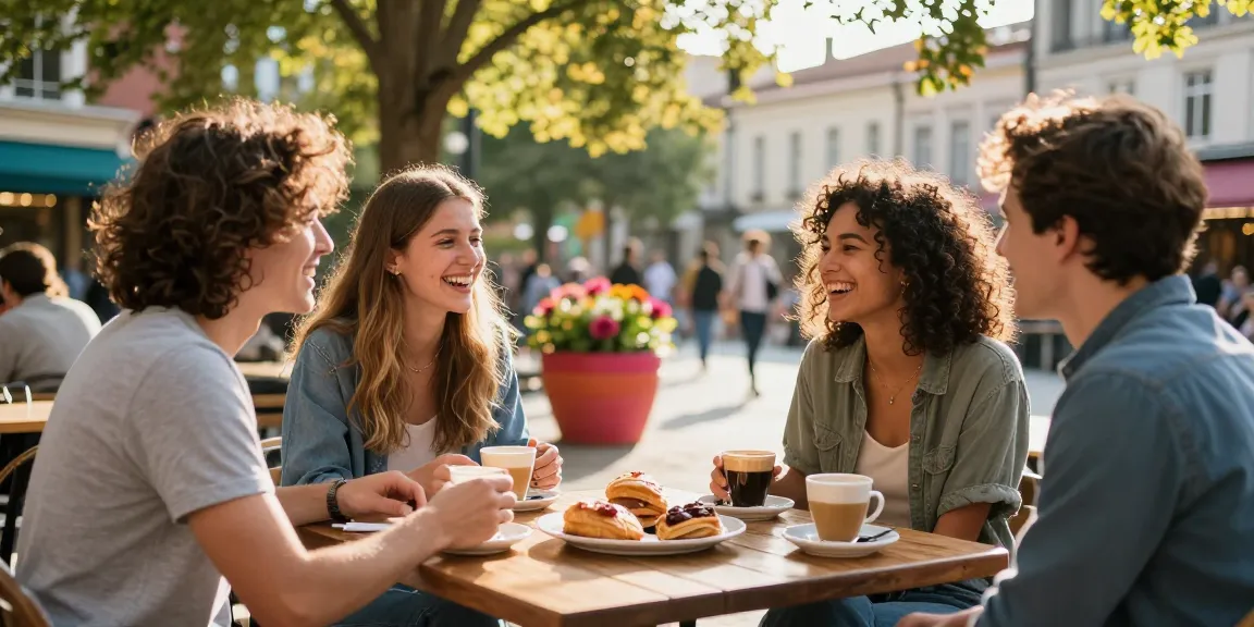 People enjoying coffee and laughter, reflecting the joy of having a crush on someone in a vibrant café.