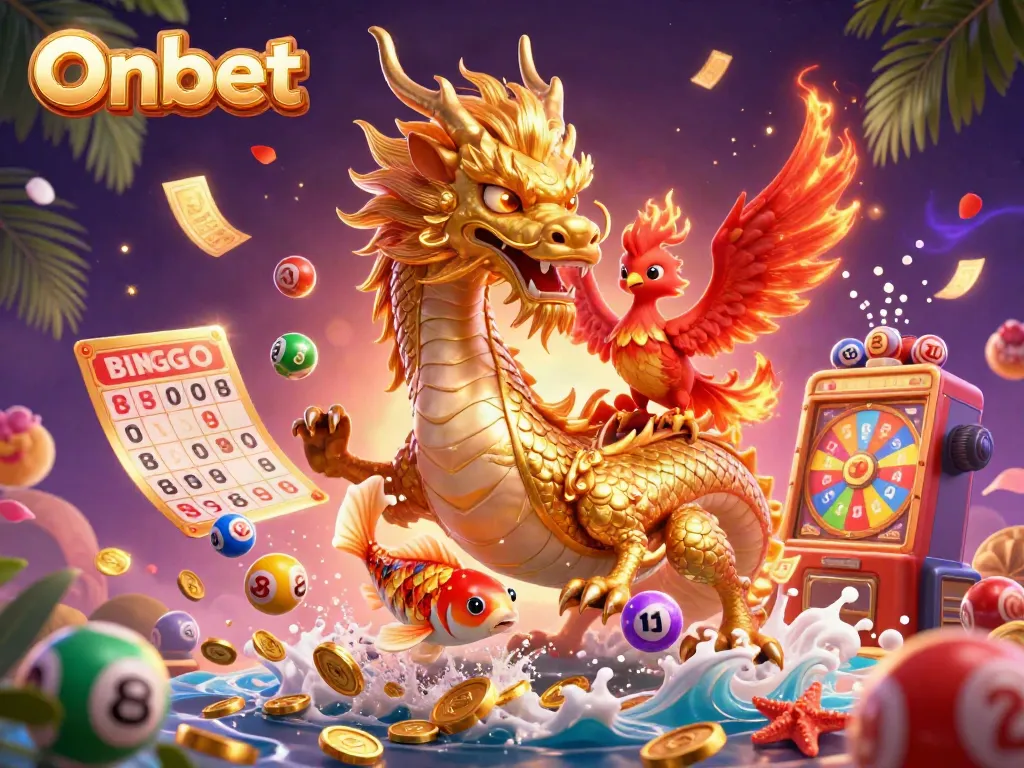 Experience the thrill of Onbet with a fierce dragon, phoenix, and lucky koi amidst dynamic casino elements.