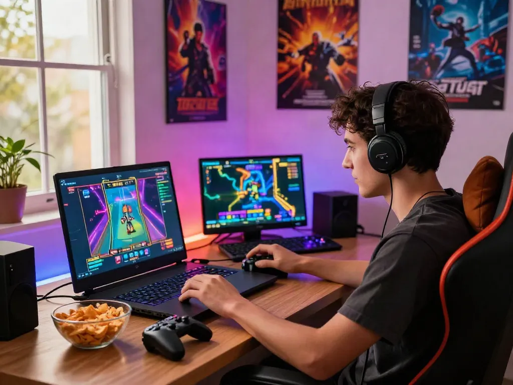 A young gamer with a laptop playing akunjp online slot game in a cozy setting.