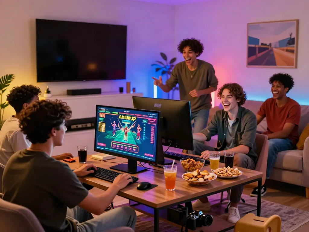 Friends enjoying an exciting gaming session on the akunjp platform in a vibrant living room.