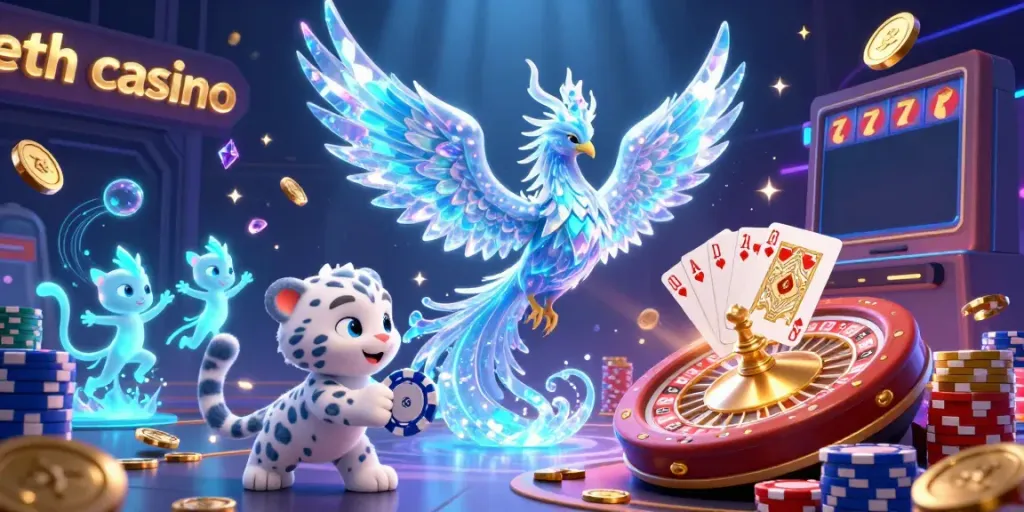 Experience the excitement of eth casino with a dazzling 3D illustration featuring vibrant characters, coins, and games.