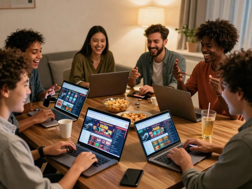 Friends enjoying online gaming at https://xx88.day/ with joyful atmosphere and modern setup.
