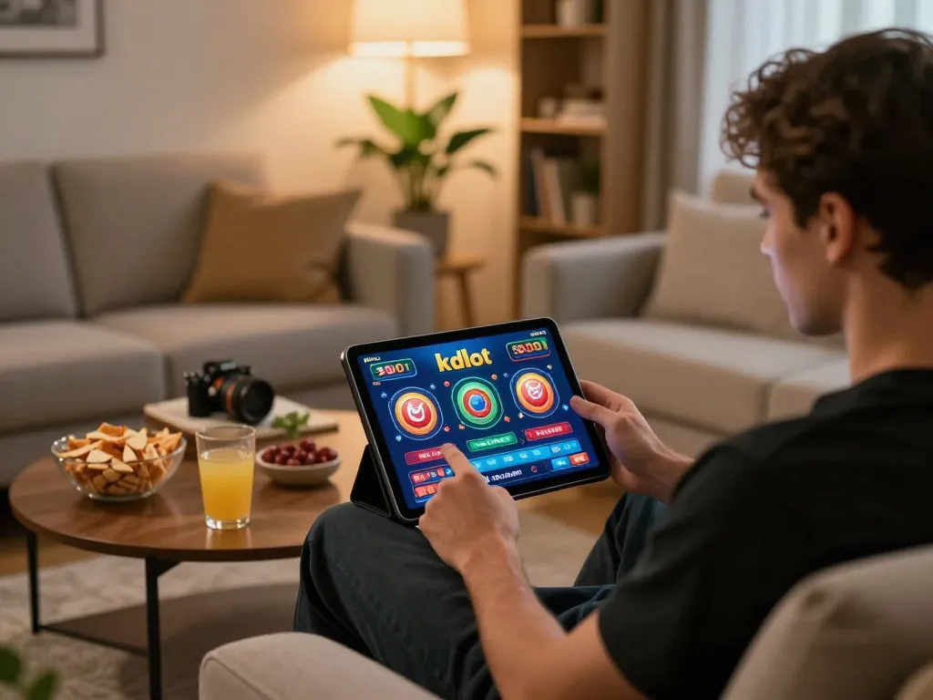 A player engaging with kdslot gaming interface on a tablet during a relaxed home gaming session.