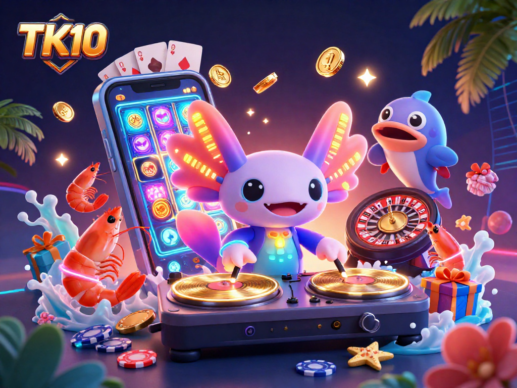Engage with TK10's vibrant gaming scene featuring a neon axolotl DJ and lively underwater elements.