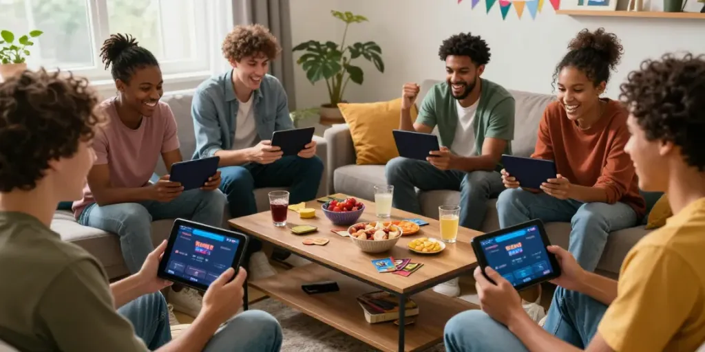 Friends enjoying a lively game night with the Rumble Rummy app on their smartphones, surrounded by snacks and laughter.