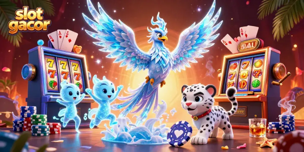 Experience slot gacor excitement with vibrant characters playing around slot reels in this captivating illustration.