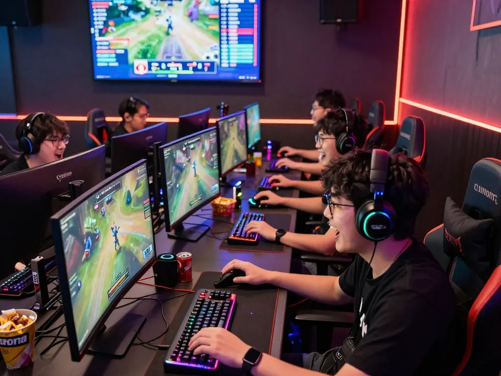 A captivating gaming lounge scene with players immersed in OMBAK77, showcasing intense competition and vibrant gaming setups.