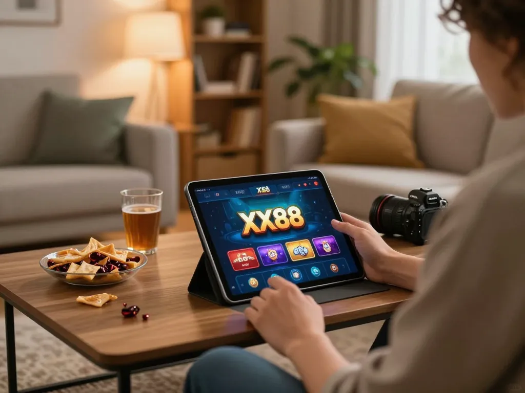 Player engaging with the XX88 app on a tablet in a cozy home setting, enjoying strategic online gambling