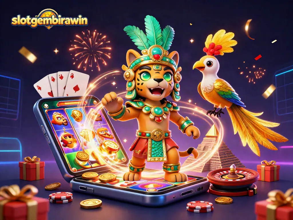 Engage with slotgembirawin in this colorful 3D scene featuring a Mayan jaguar priest, gold coins, and slot game action.