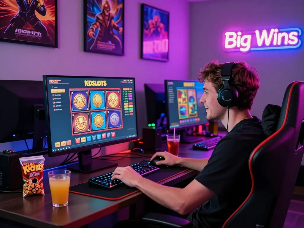 Engaged user playing on kdslot platform surrounded by gaming accessories and vibrant lighting.