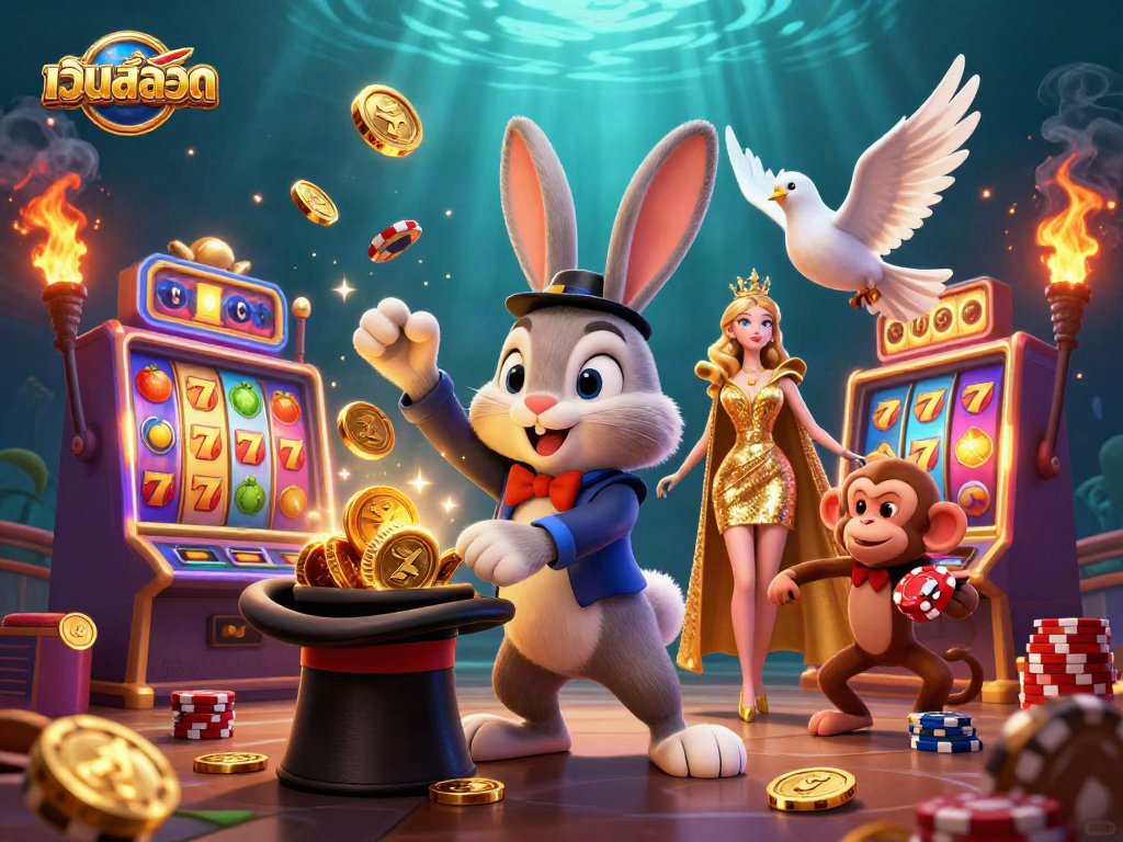 Spin the reels for fun and fortune with เว็บสล็อต in a vibrant 3D casino scene.