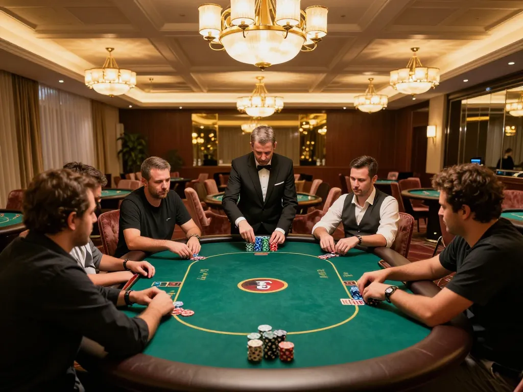 Players enjoying high-stakes poker game at B52club's upscale casino atmosphere, with vibrant betting action and elegant decor.