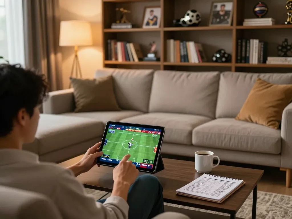 Cakhia user engaging in online sports betting on tablet in a cozy living room