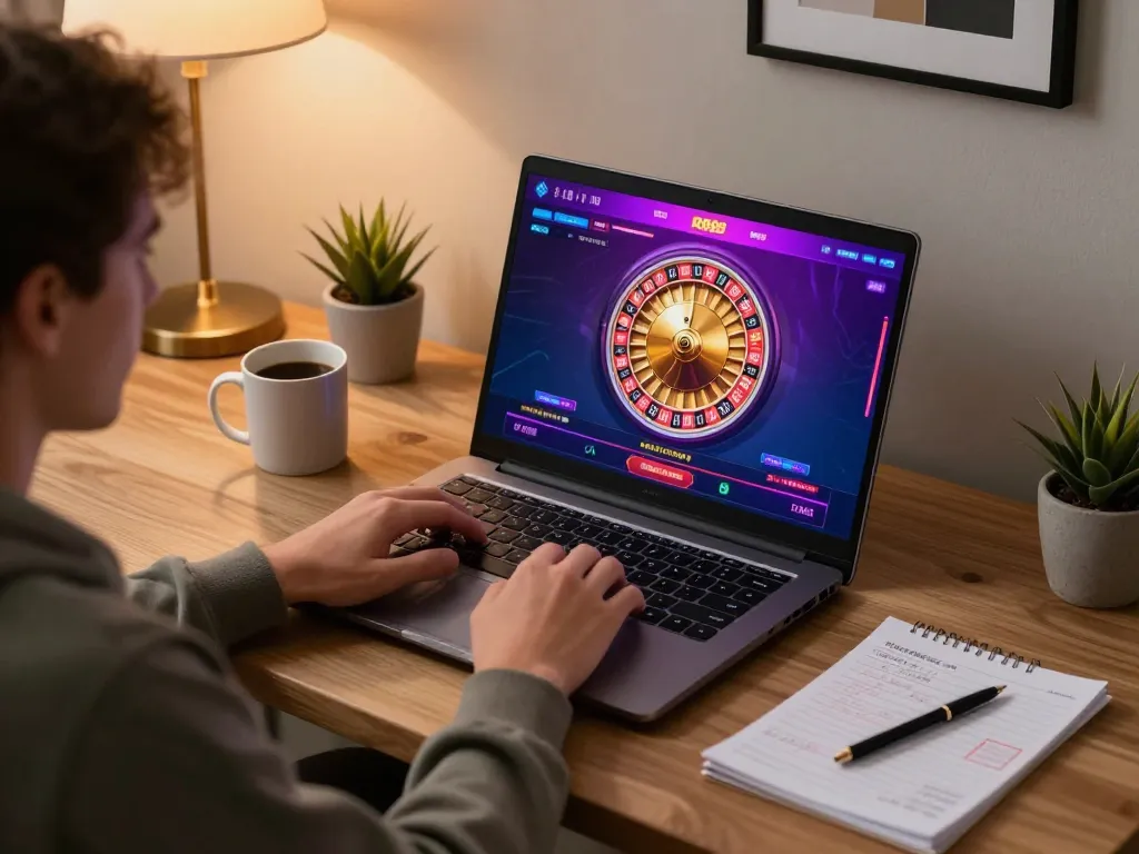 Engaging in RR88 online casino gaming at home, showcasing vibrant roulette gameplay