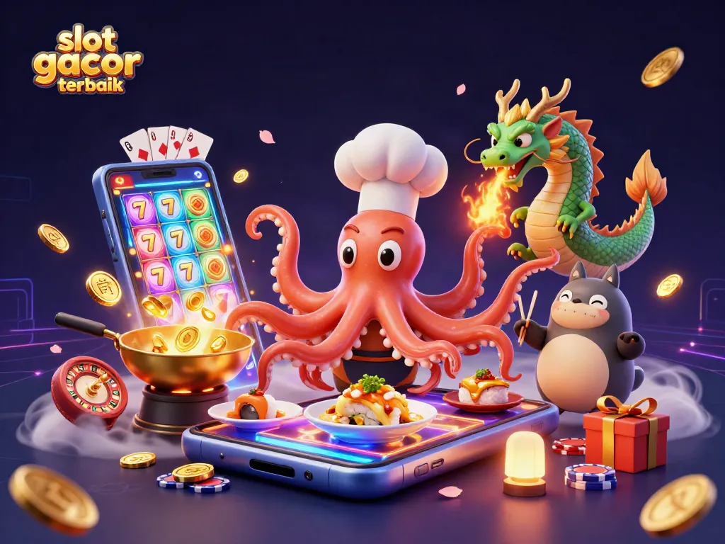 Menggoda dengan slot gacor terbaik, ilustrasi kasino yang meriah dan penuh detail.