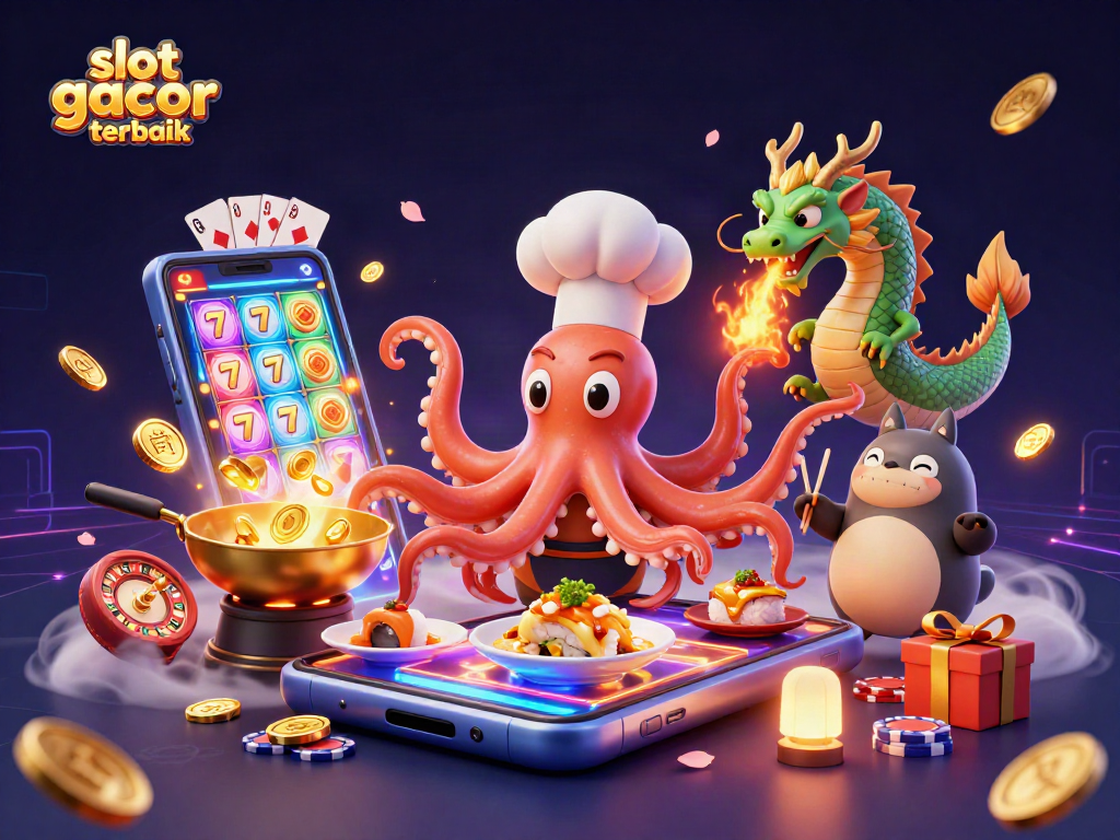 Menggoda dengan slot gacor terbaik, ilustrasi kasino yang meriah dan penuh detail.