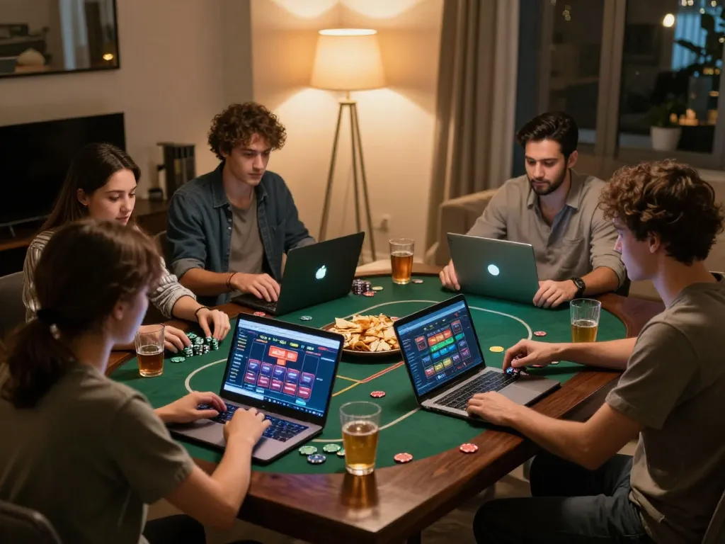 Friends engaged in online usa casinos poker game in a cozy home setting.