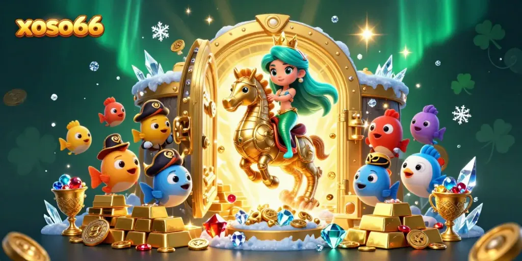 Join the fun at xoso66 with a dynamic illustration of a mermaid princess and giant seahorse, amid treasures.