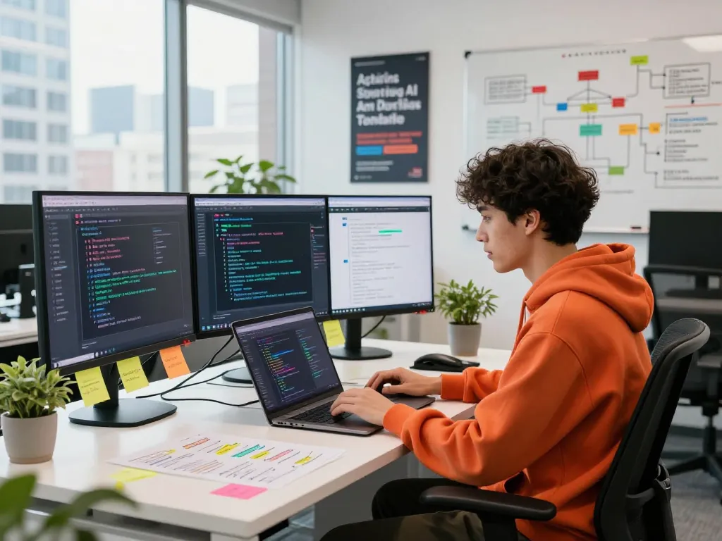 Innovative tech workspace showcasing juicy ai development with dual monitors and a creative coder in action.