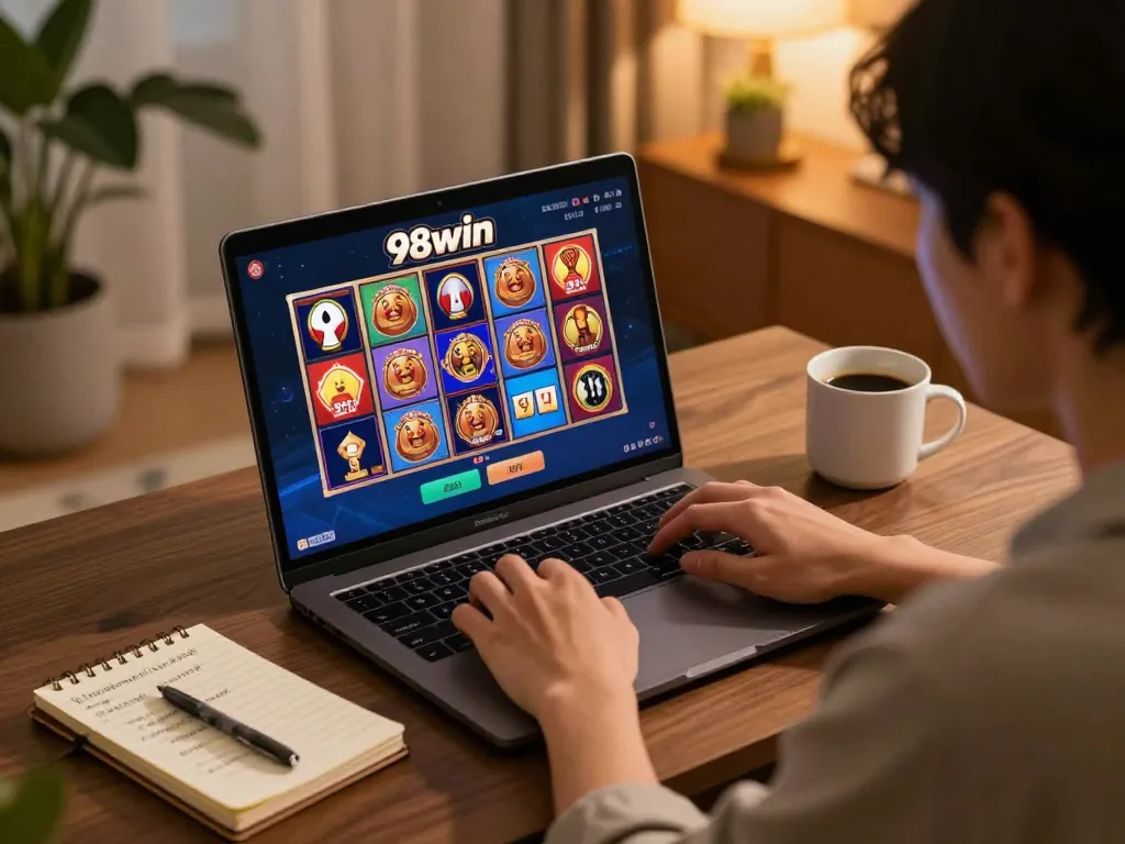 Player enjoying 98win online slots on a cozy gaming setup with strategic notes visible