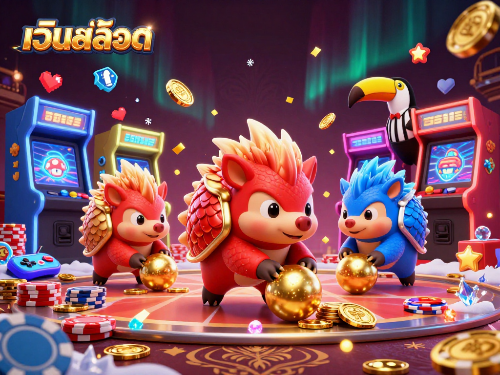 Spin and win at เว็บสล็อต with lively pangolins competing in a colorful casino-themed scene.