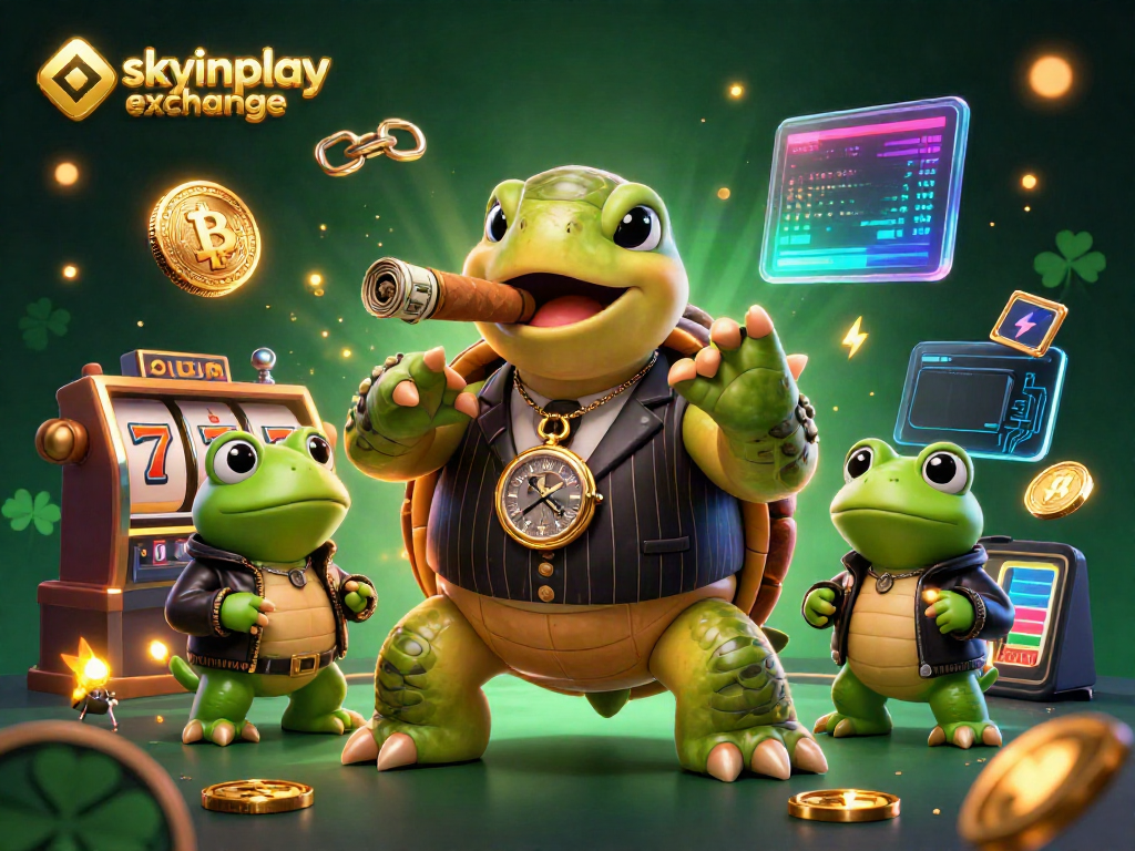 Join the excitement of skyinplay exchange with this vibrant casino illustration featuring a turtle and bullfrogs amidst neon elements.