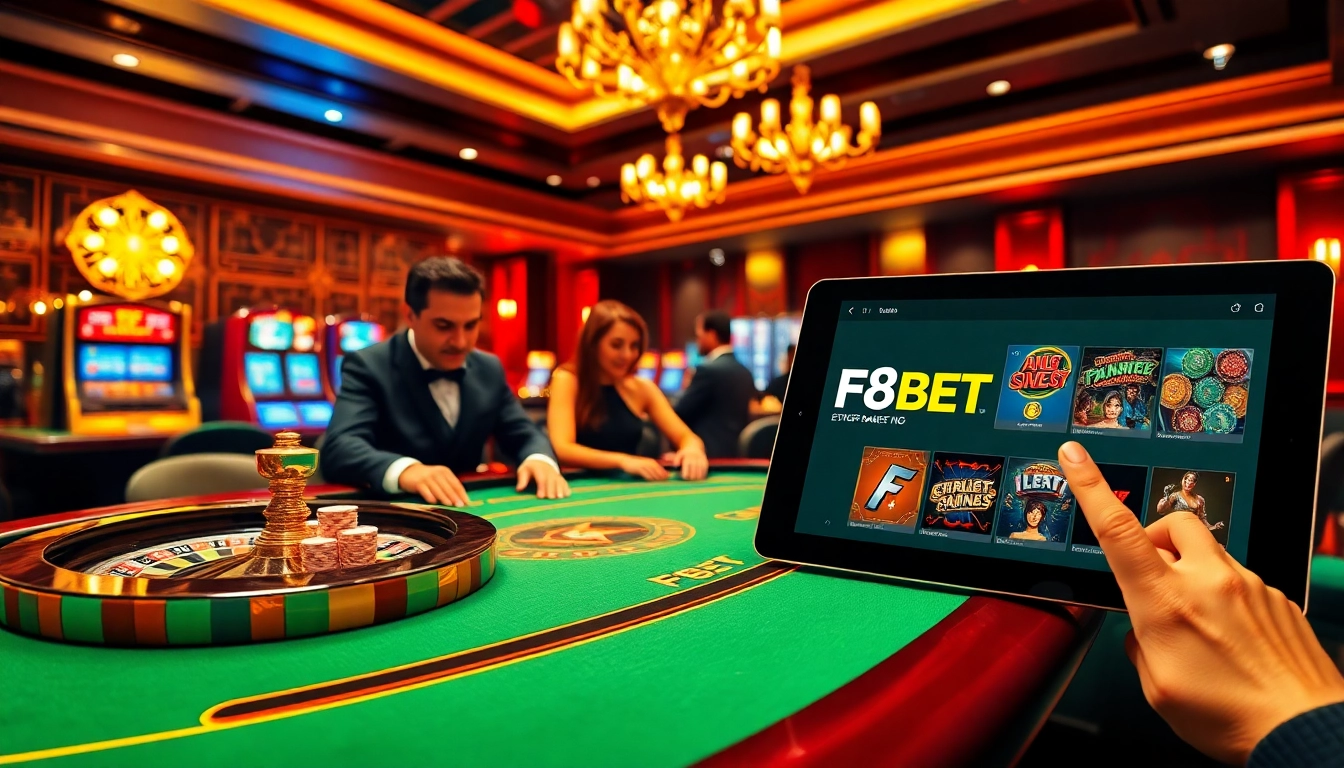 Engaging casino scene with F8BET logo showcasing high stakes poker, vibrant atmosphere, and elegant decor.